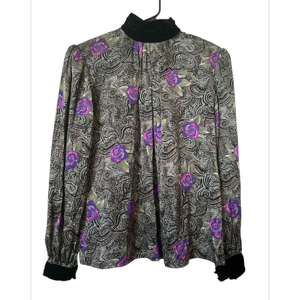 Joan Collins Vintage 100% Silk High Neck Blouse Top Gray Purple Women's Size 6